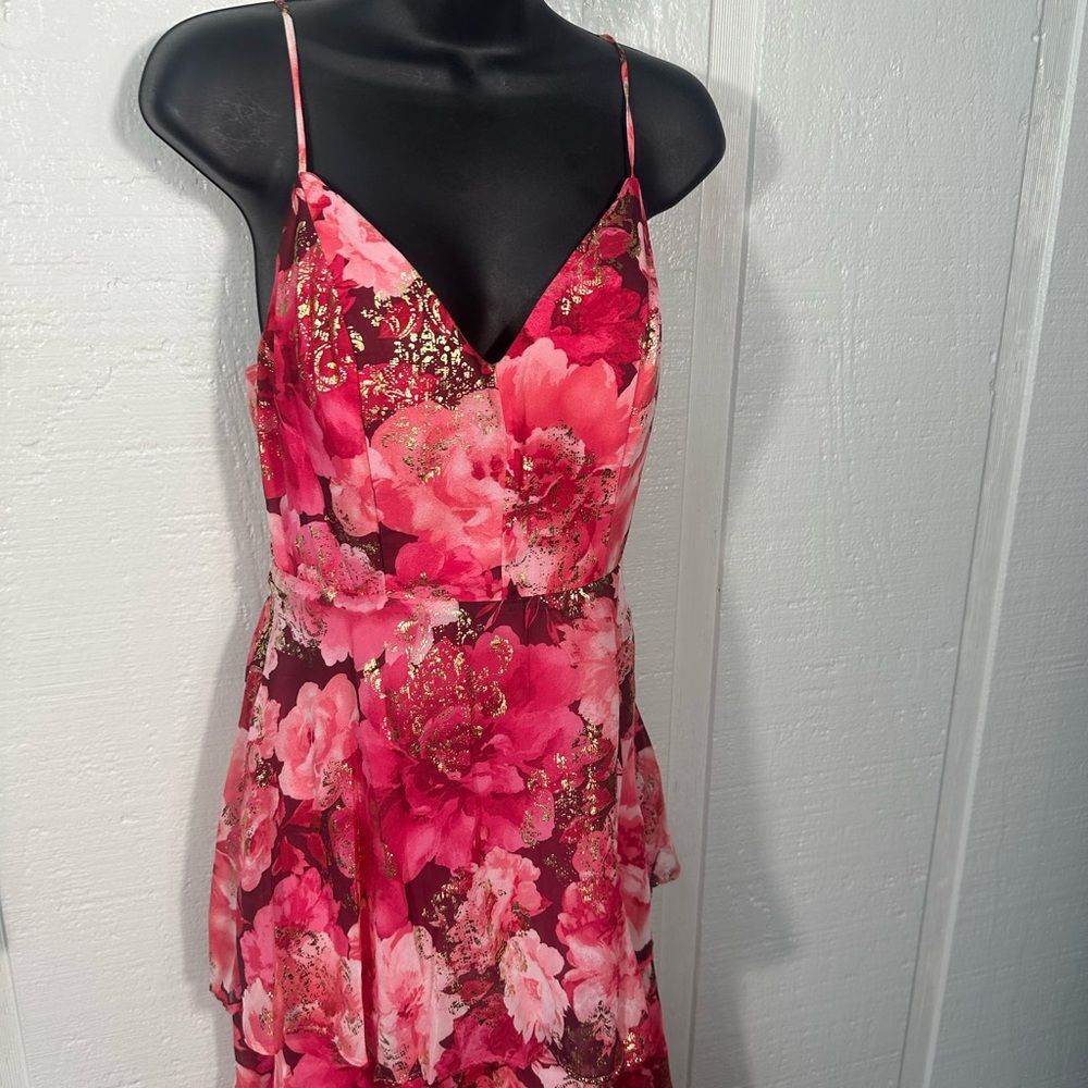 Crystal Doll Juniors' Tiered Pink Floral-Print Lurex Maxi Dress Size 5 EUC - Picture 5 of 9
